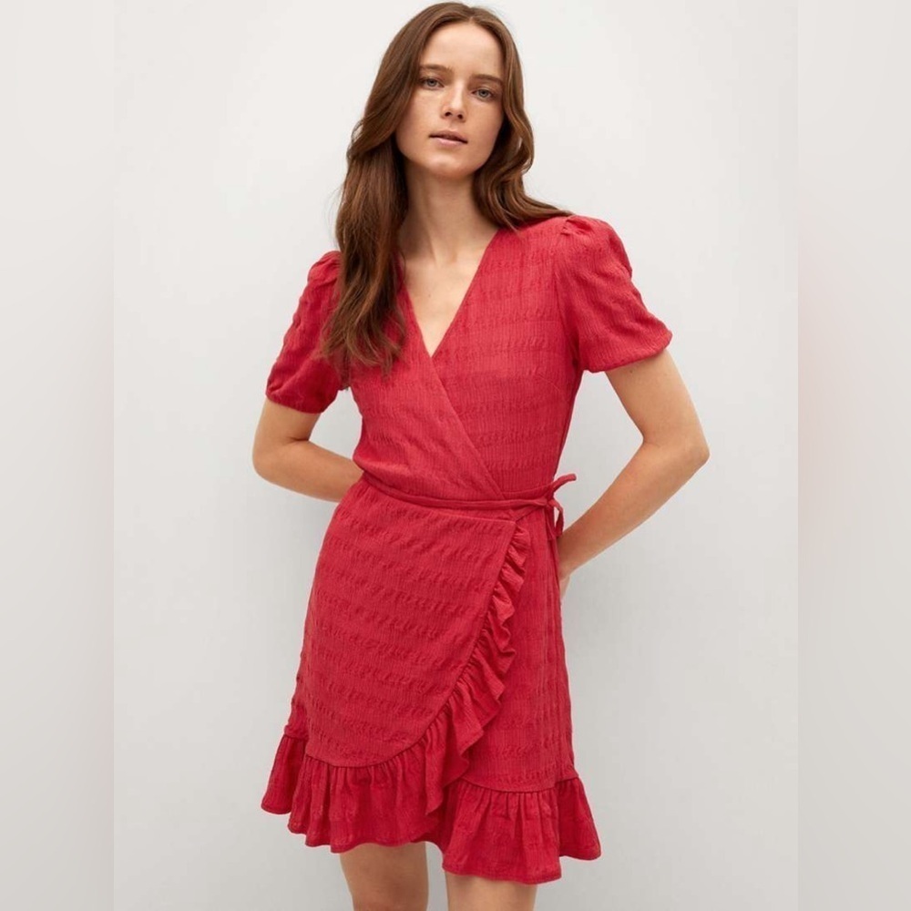 MNG by Mango Textured Wrap Ruffle Mini Dress- Fuchsia/Red      Size 8 summer